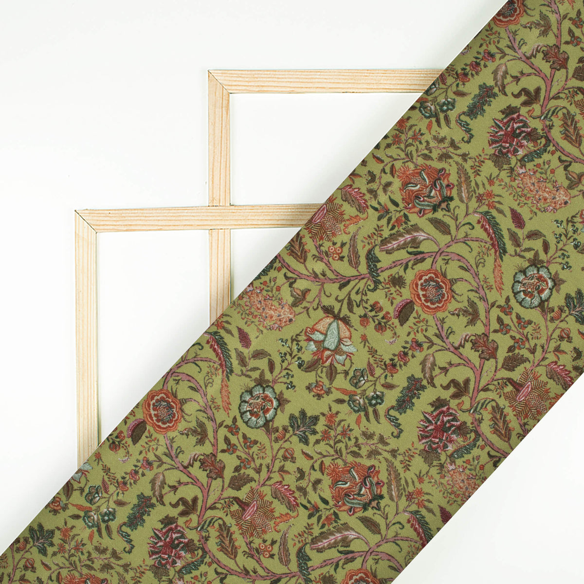 Olive Green Floral Pattern Digital Print Crepe Silk Fabric