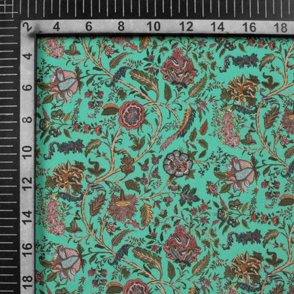 Dark Turquoise Floral Pattern Digital Print Crepe Silk Fabric
