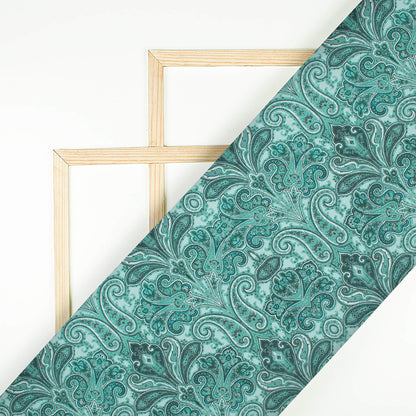 Teal Blue Paisley Pattern Digital Print Crepe Silk Fabric