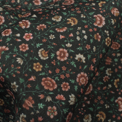 Black And Pink Floral Pattern Digital Print Crepe Silk Fabric