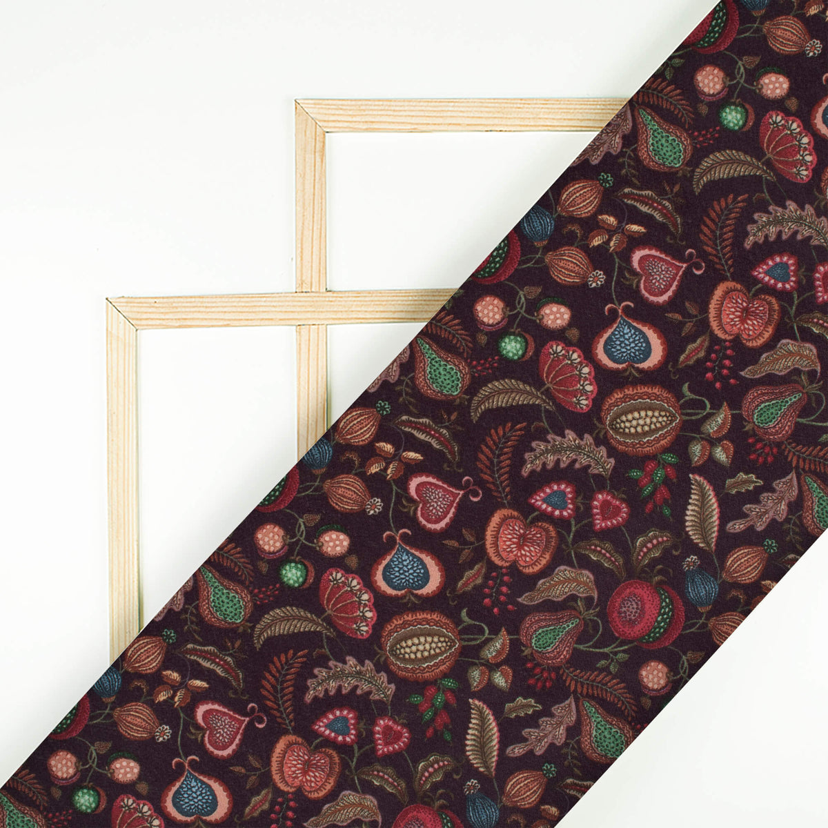 Walnut Brown And Red Floral Pattern Digital Print Crepe Silk Fabric