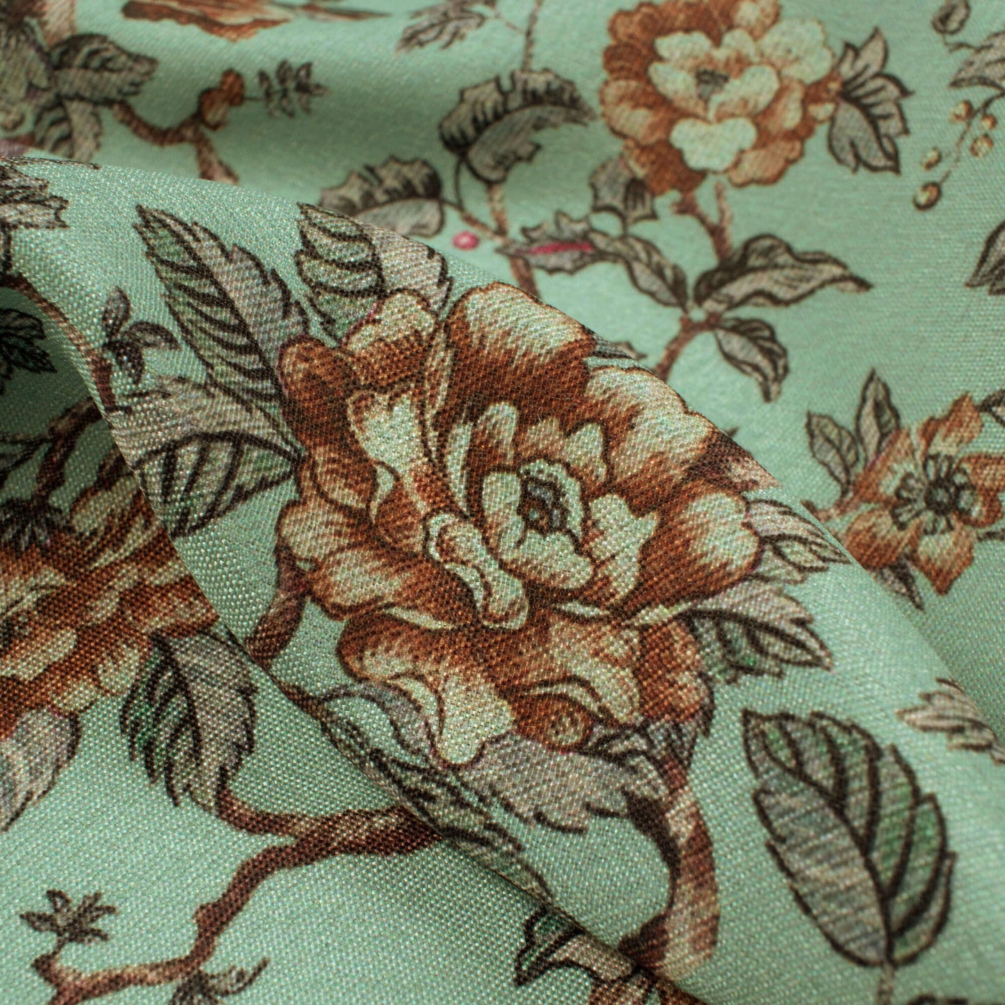 Pale Turquoise And Red Floral Pattern Digital Print Crepe Silk Fabric