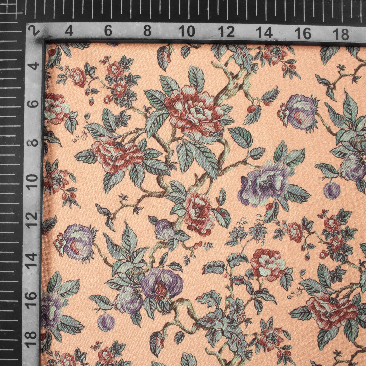 Peach And Red Floral Pattern Digital Print Crepe Silk Fabric