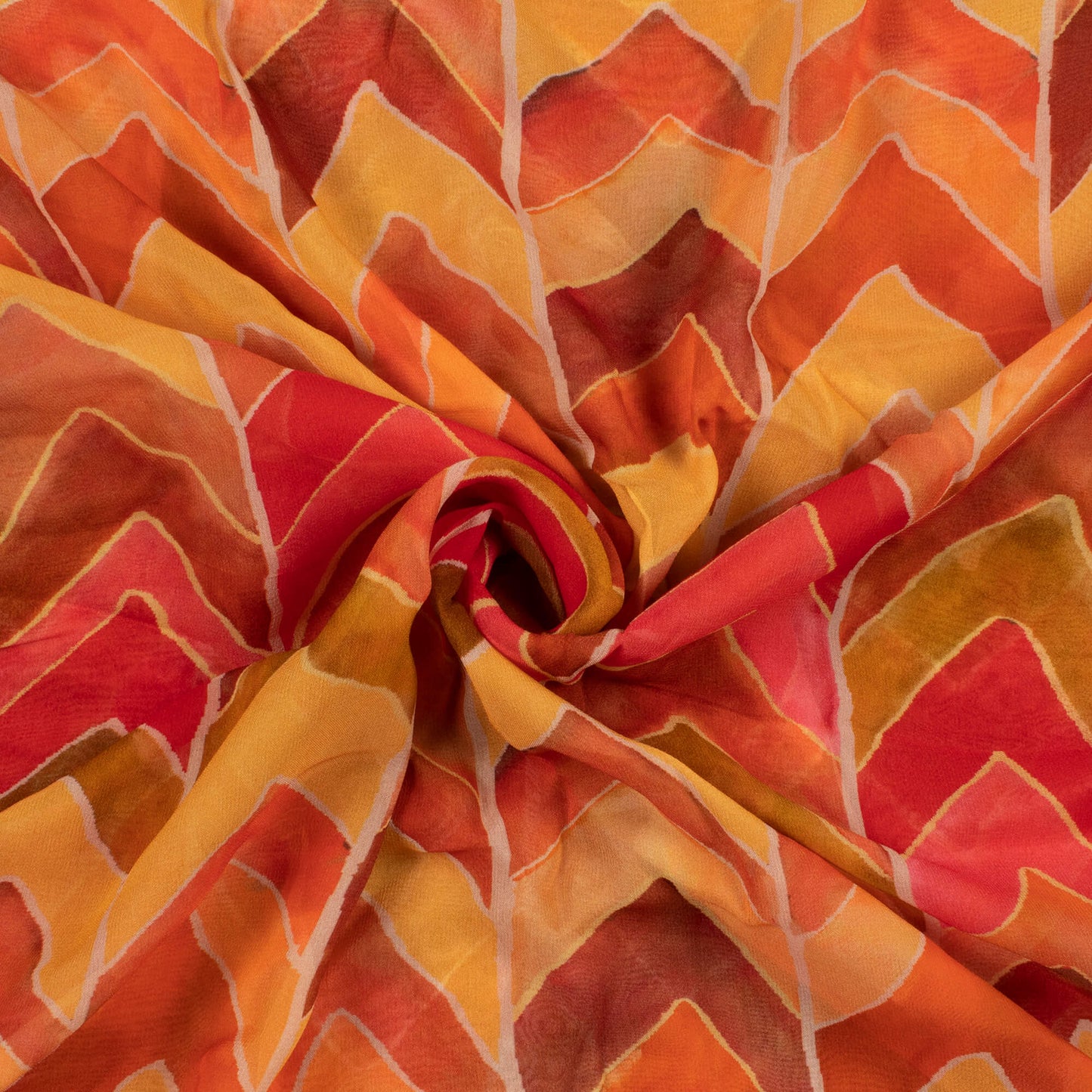 (Cut Piece 1.1 Mtr) Red And Yellow Chevron Pattern Digital Print Viscose Georgette Fabric