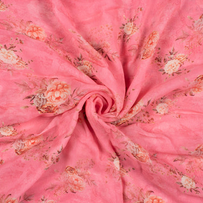 Flamingo Pink And Cream Floral Pattern Digital Print Pure Georgette Fabric