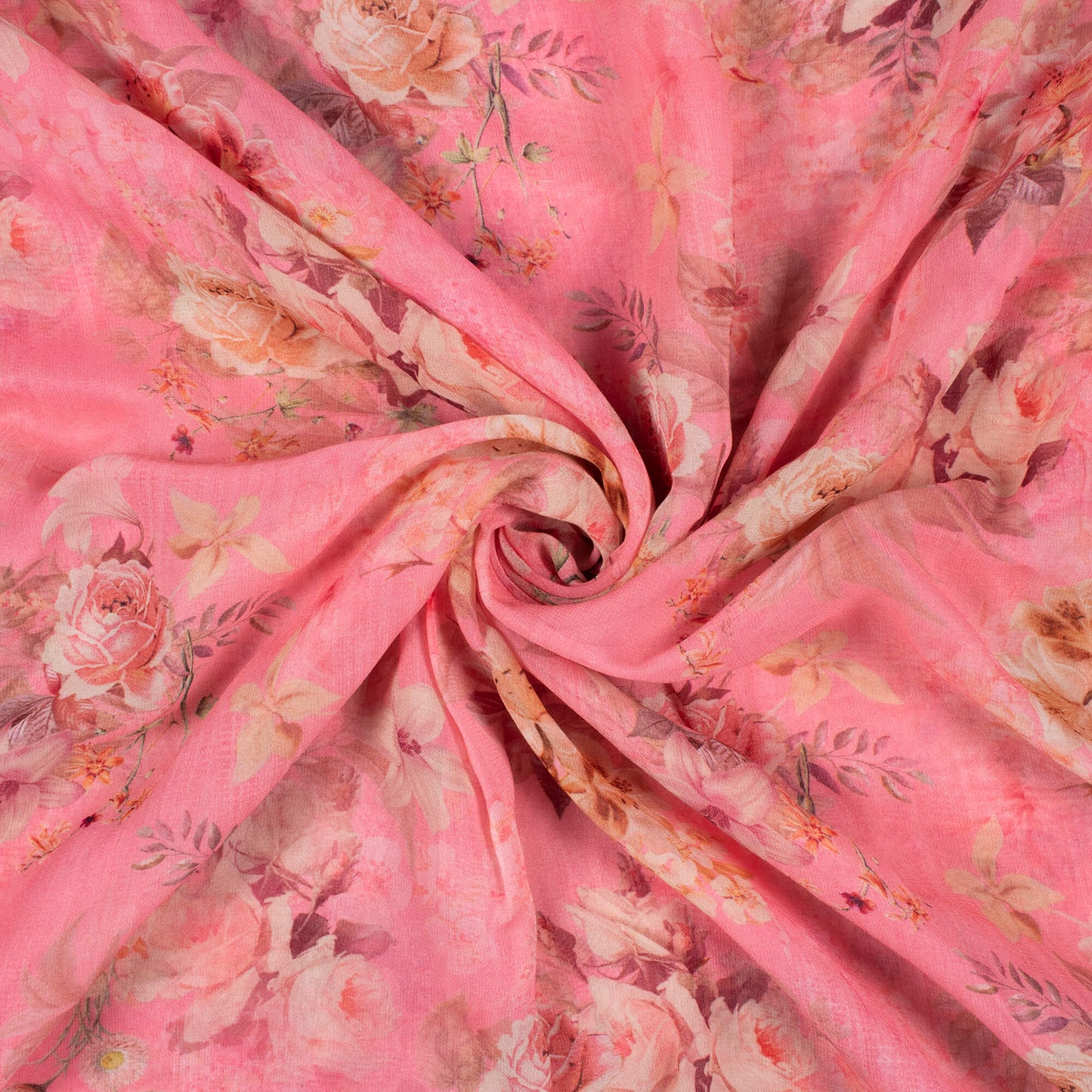 Flamingo Pink And Off White Floral Pattern Digital Print Pure Georgette Fabric