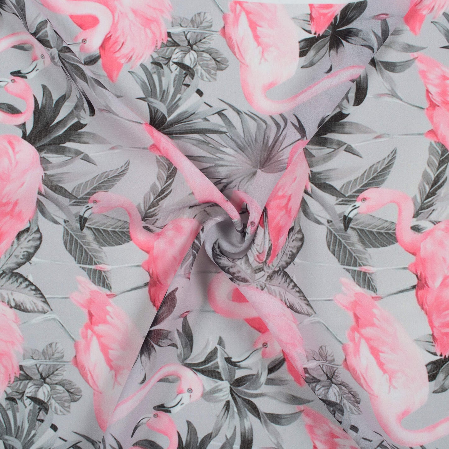 Steel Grey And Flamingo Pink Bird Pattern Digital Print Georgette Fabric