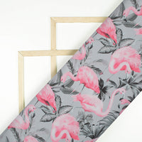Steel Grey And Flamingo Pink Bird Pattern Digital Print Georgette Fabric