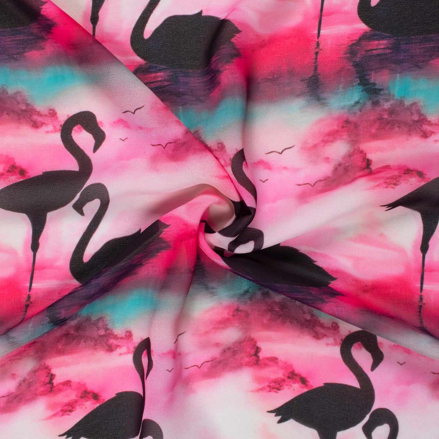 Fandango Pink And Black Bird Pattern Digital Print Georgette Fabric