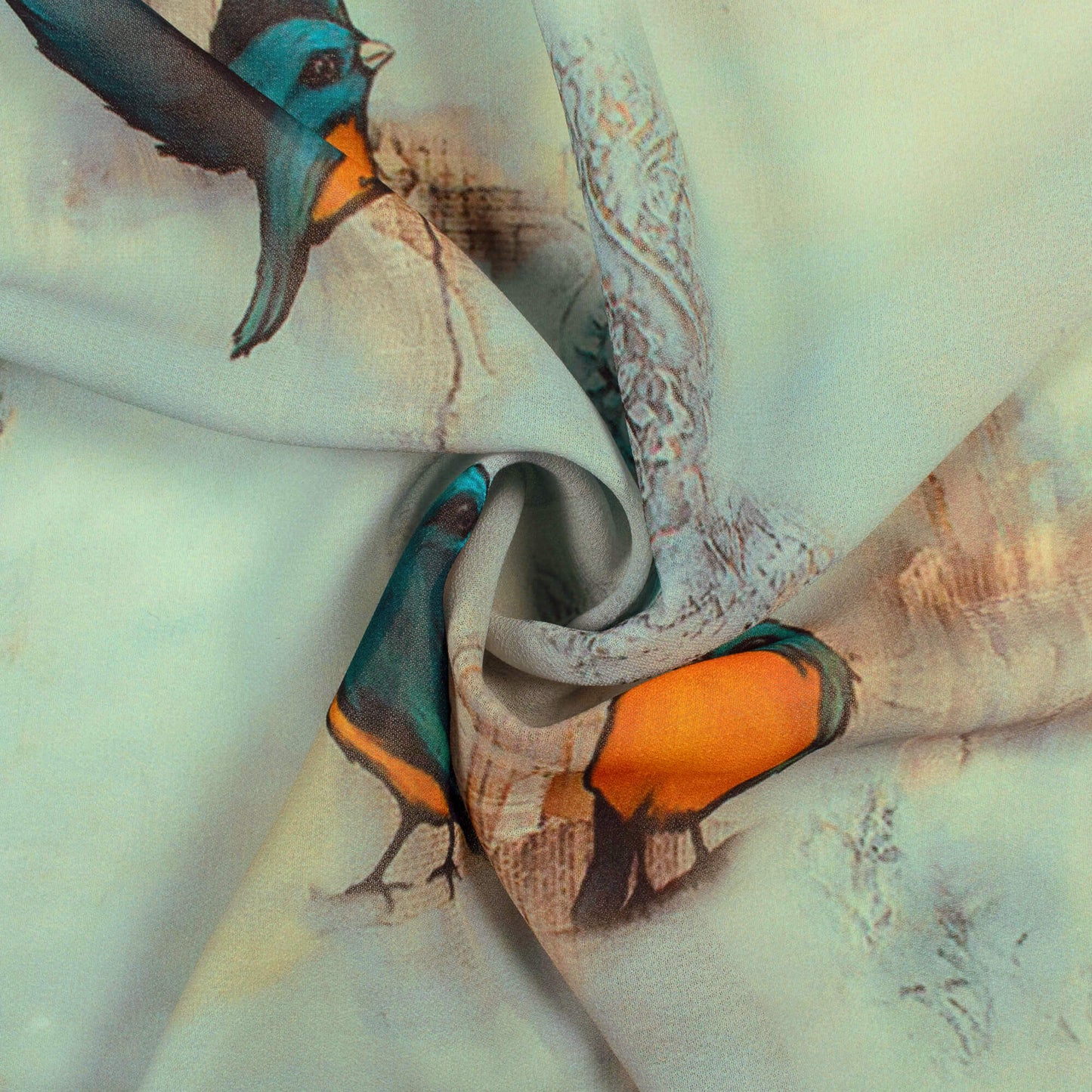 Stone Blue And Orange Bird Pattern Digital Print Georgette Fabric