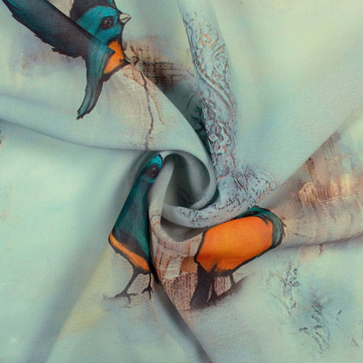 (Cut Piece 1.1 Mtr) Stone Blue And Orange Bird Pattern Digital Print Georgette Fabric