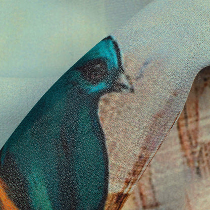 Stone Blue And Orange Bird Pattern Digital Print Georgette Fabric