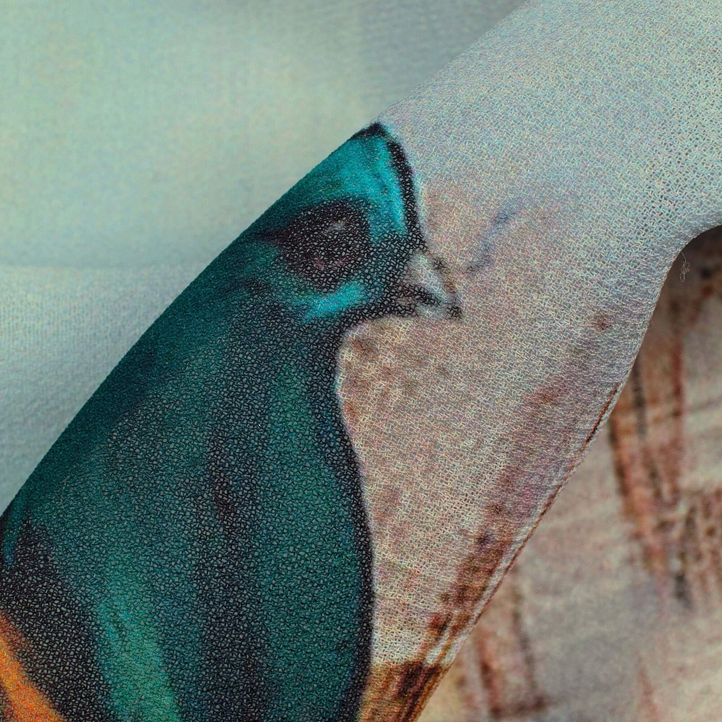 (Cut Piece 0.8 Mtr) Stone Blue And Orange Bird Pattern Digital Print Georgette Fabric