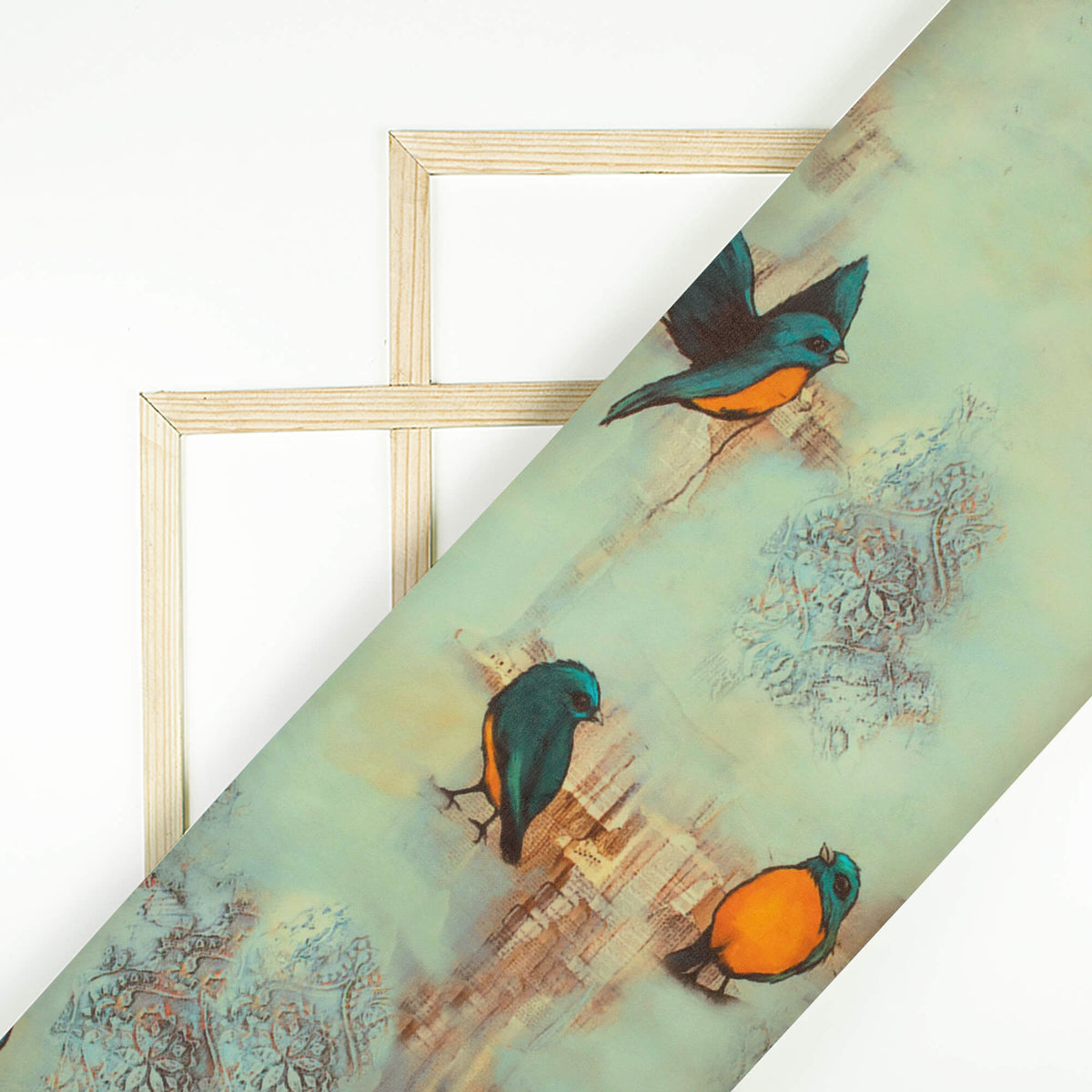 Stone Blue And Orange Bird Pattern Digital Print Georgette Fabric