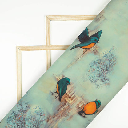 Stone Blue And Orange Bird Pattern Digital Print Georgette Fabric