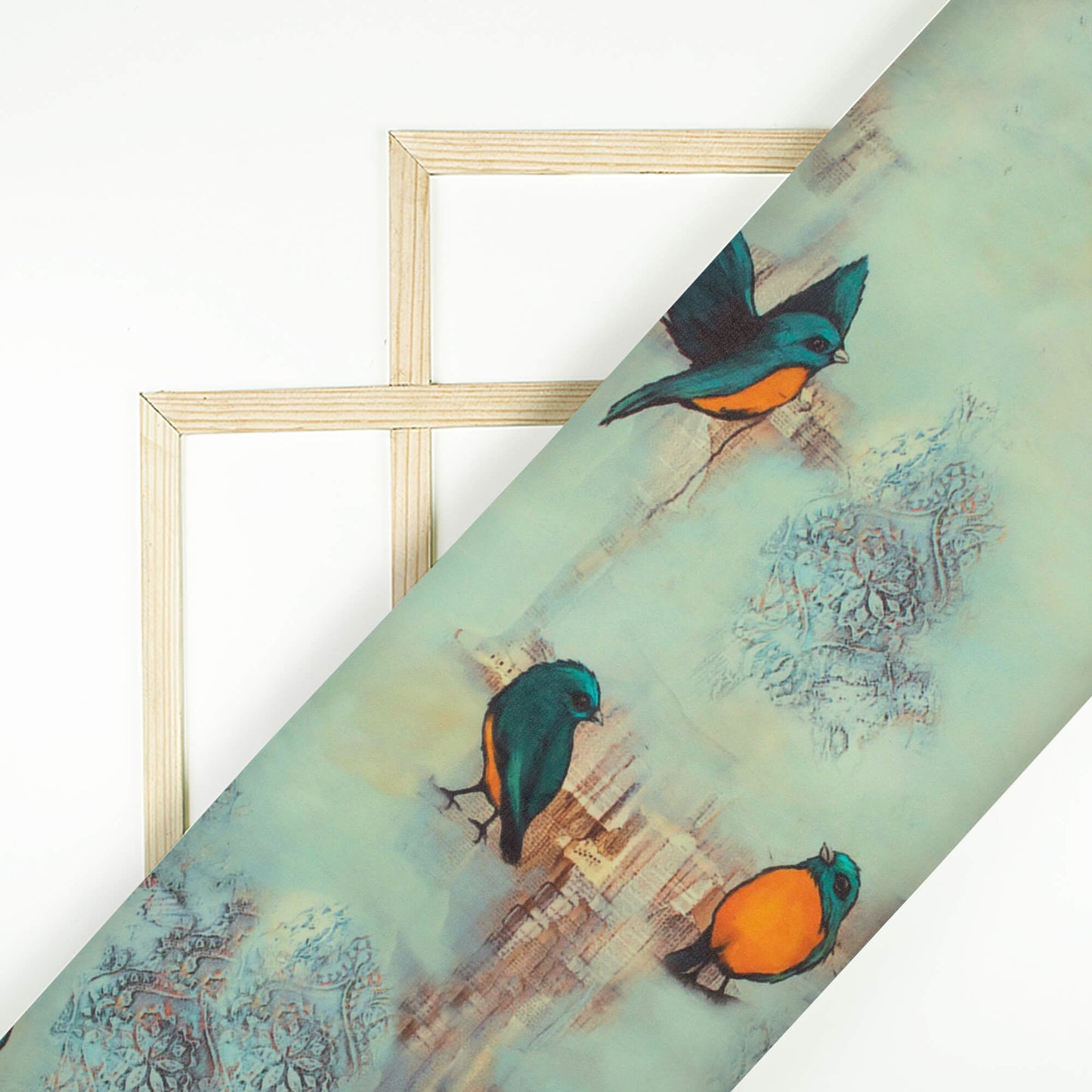 (Cut Piece 1.2 Mtr) Stone Blue And Orange Bird Pattern Digital Print Georgette Fabric