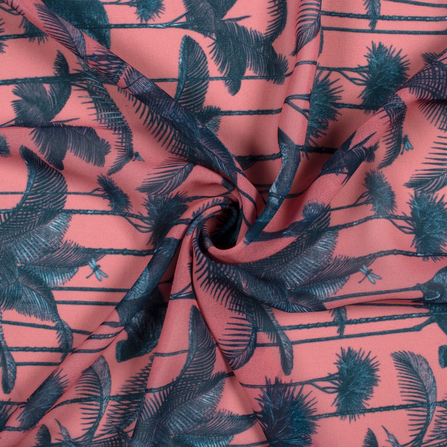 Coral Peach And Slate Grey Bird Pattern Digital Print Georgette Fabric