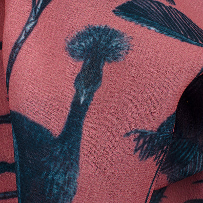 Coral Peach And Slate Grey Bird Pattern Digital Print Georgette Fabric