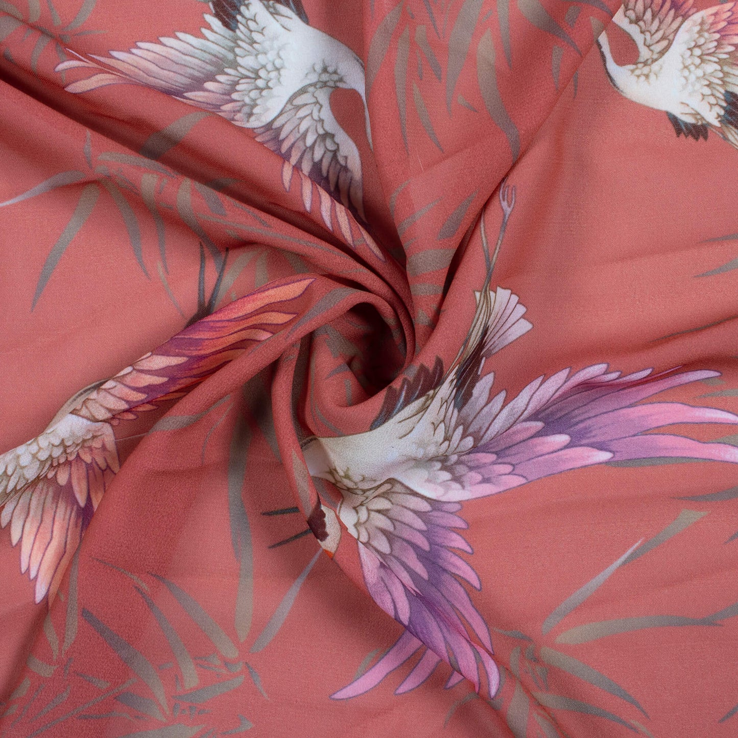 Blush Red And White Bird Pattern Digital Print Georgette Fabric