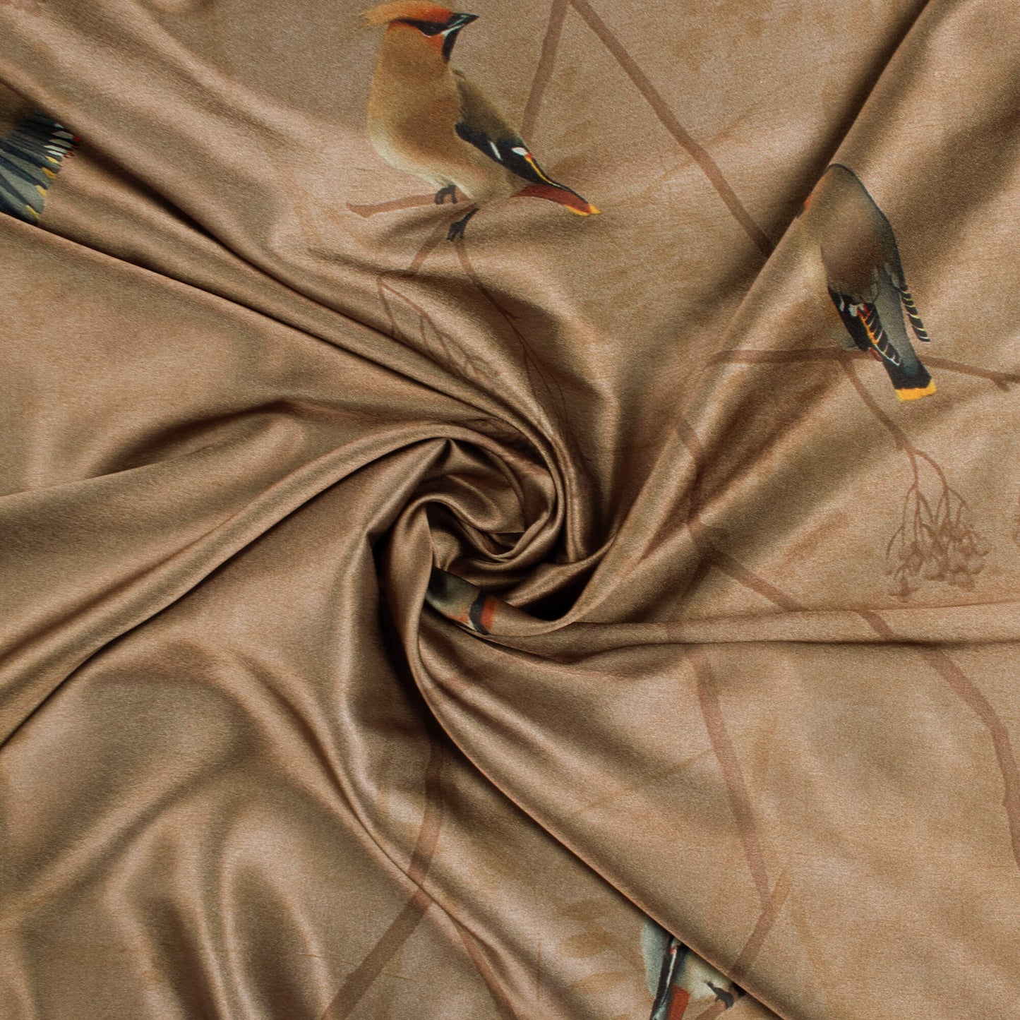 Brown And Orange Bird Pattern Digital Print Japan Satin Fabric