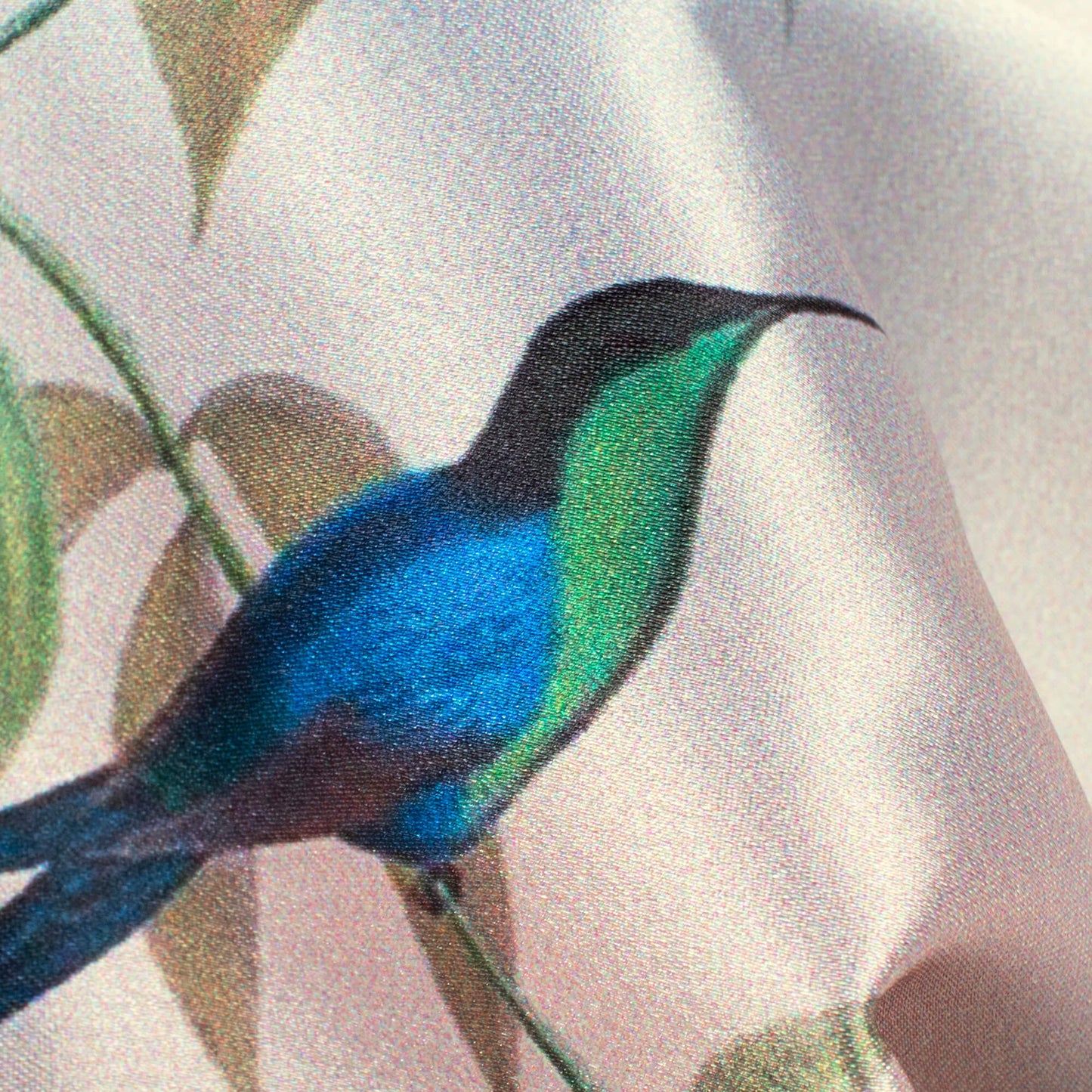 Linen Cream And Green Bird Pattern Digital Print Japan Satin Fabric