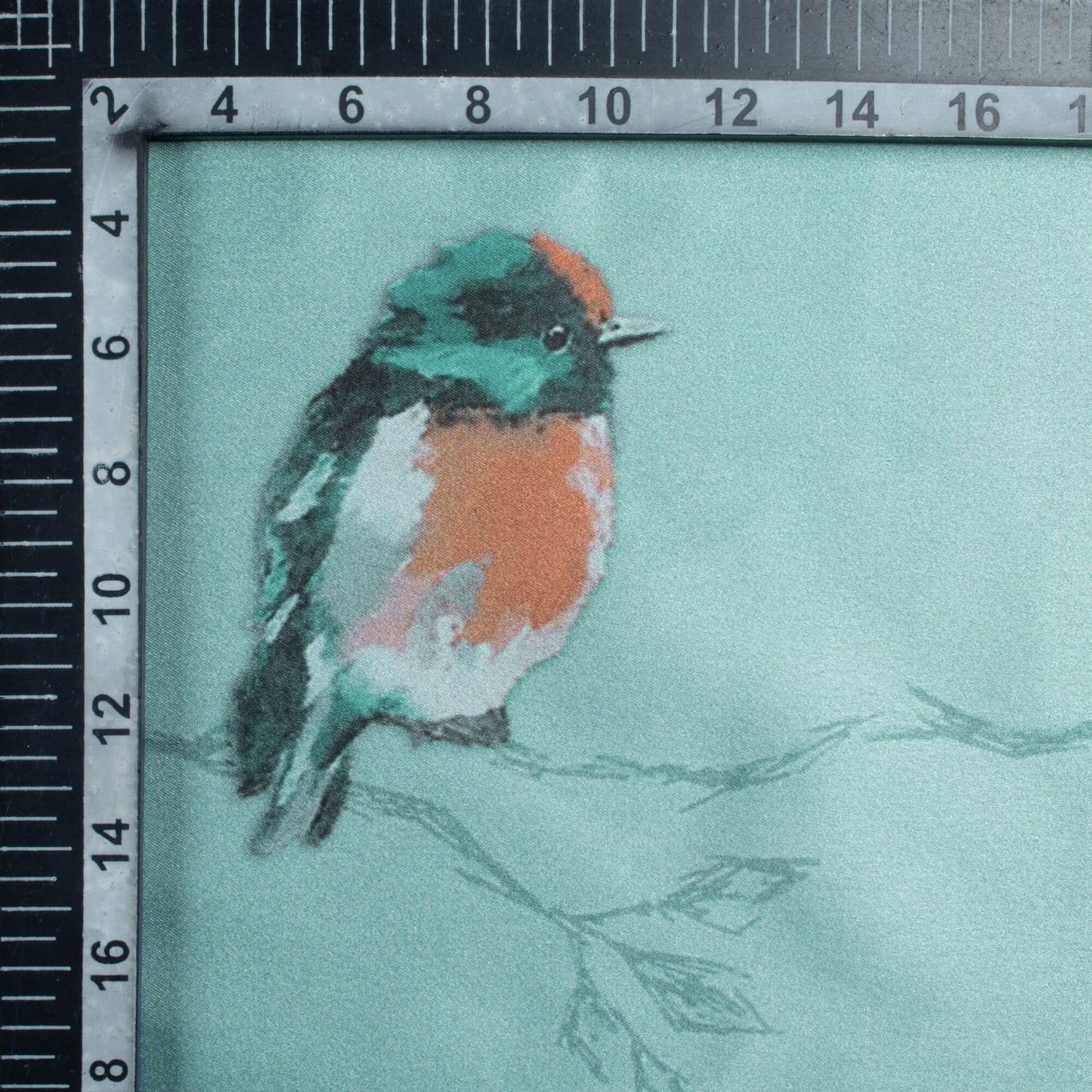 Cadet Blue And Cider Orange Bird Pattern Digital Print Japan Satin Fabric