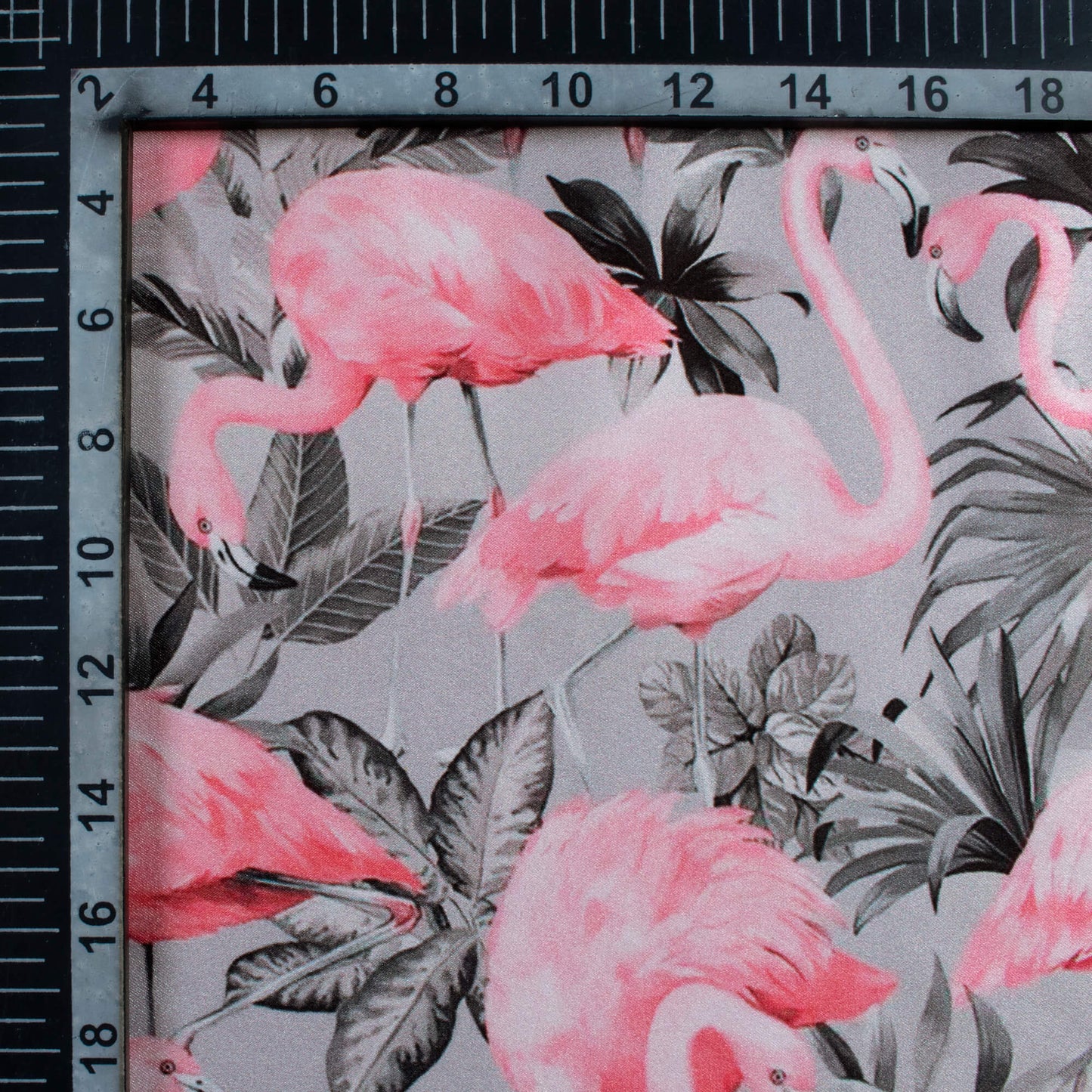 Steel Grey And Flamingo Pink Bird Pattern Digital Print Japan Satin Fabric
