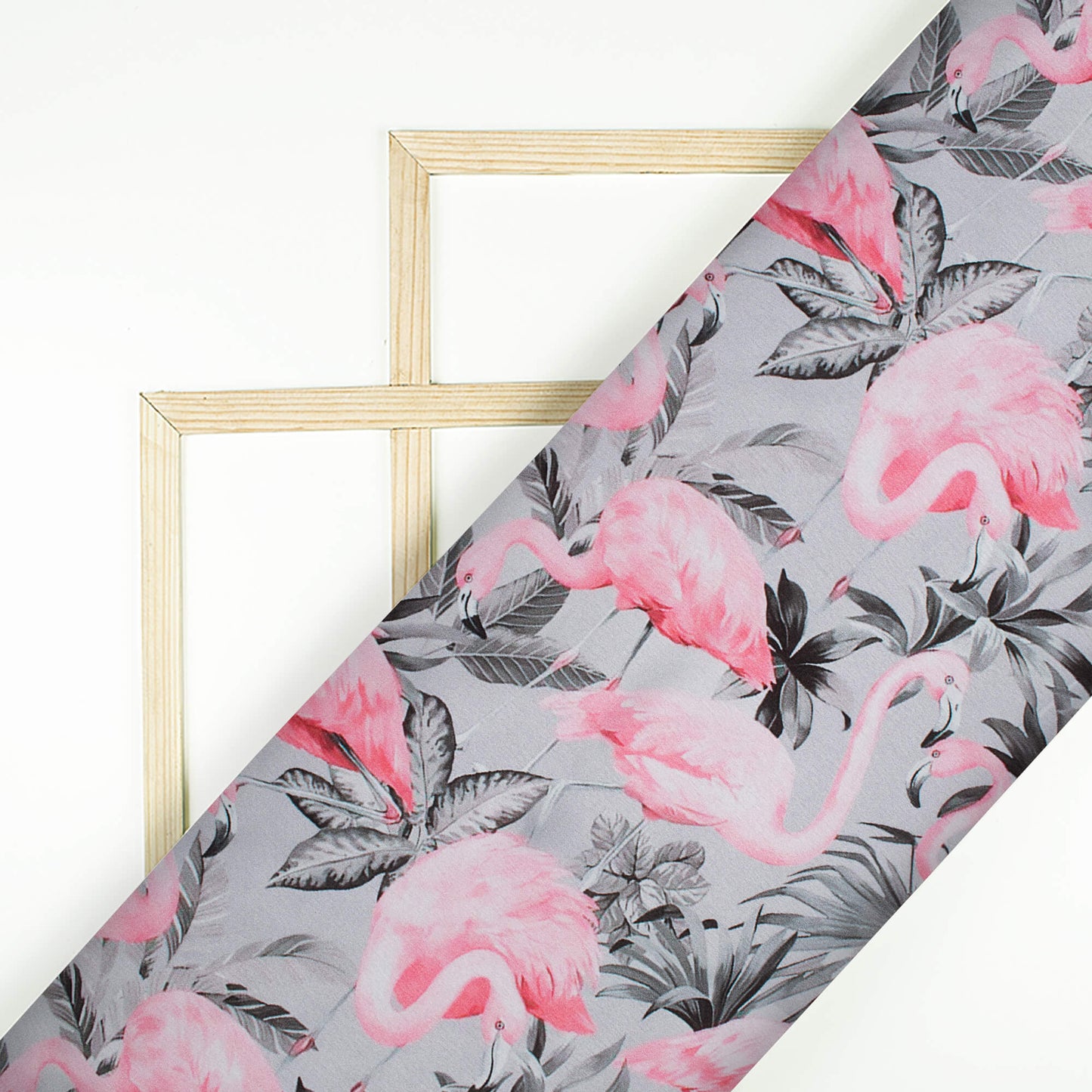 Steel Grey And Flamingo Pink Bird Pattern Digital Print Japan Satin Fabric
