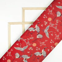 Berry Red And Off White Bird Pattern Digital Print Japan Satin Fabric