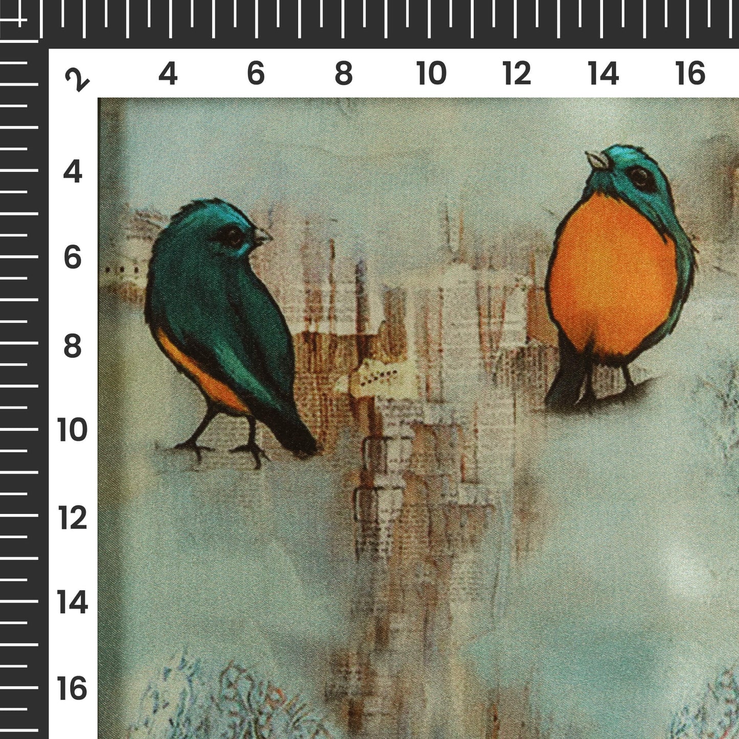 Tea Green And Orange Bird Pattern Digital Print Japan Satin Fabric