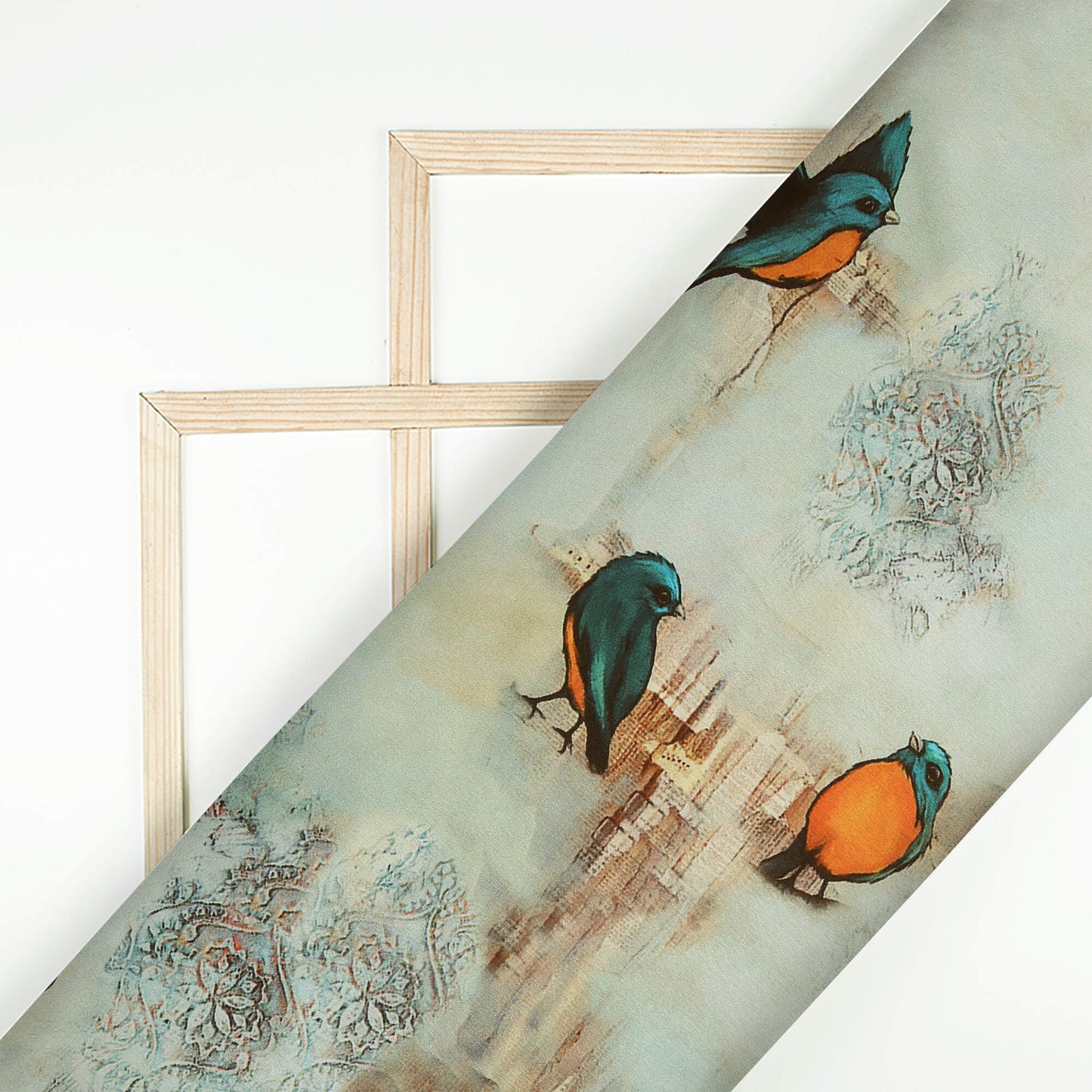 Tea Green And Orange Bird Pattern Digital Print Japan Satin Fabric