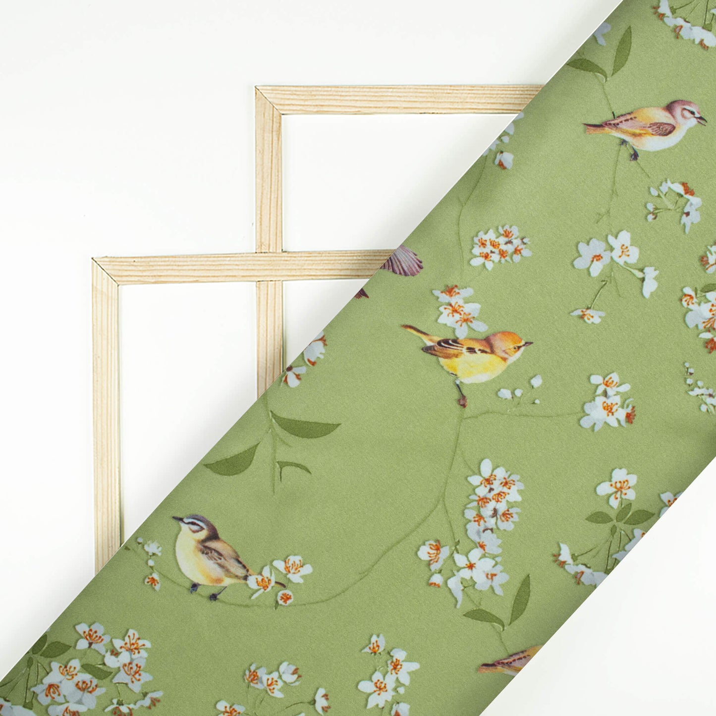 Moss Green And White Bird Pattern Digital Print Japan Satin Fabric