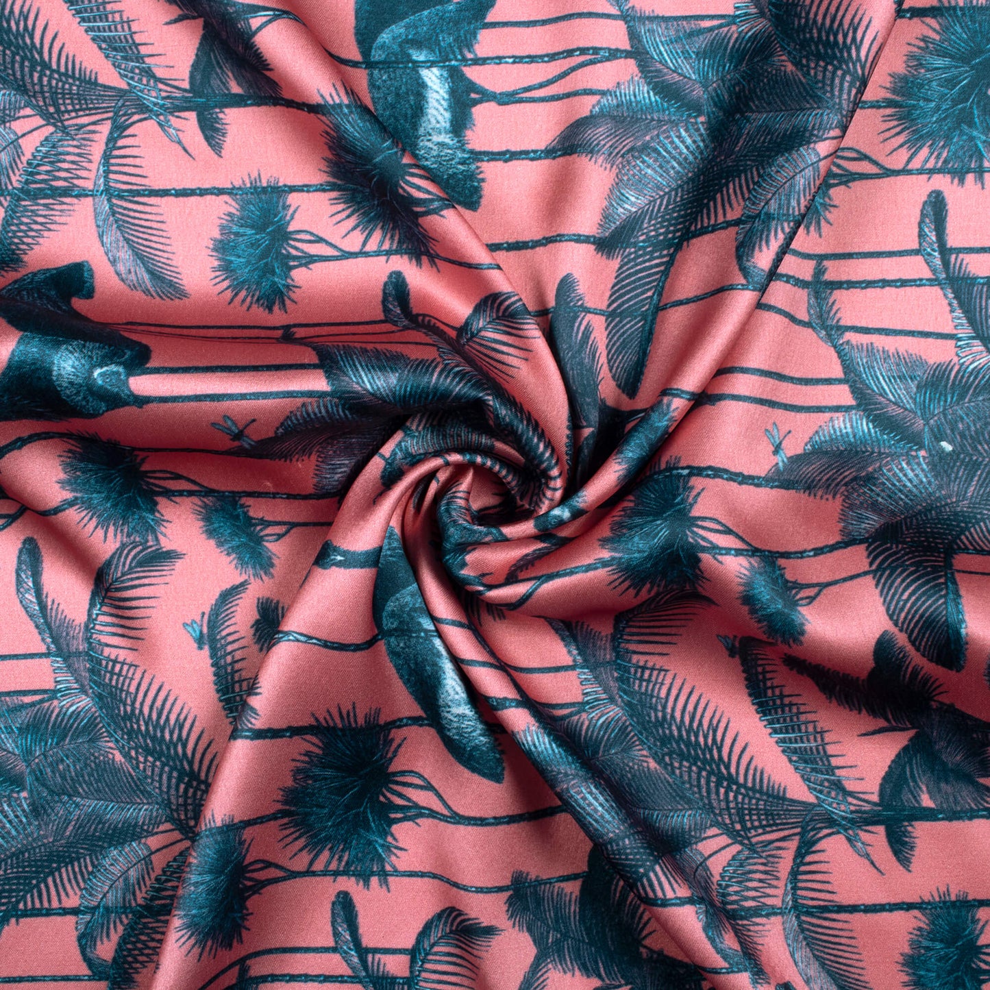 Coral And Slate Grey  Bird Pattern Digital Print Japan Satin Fabric