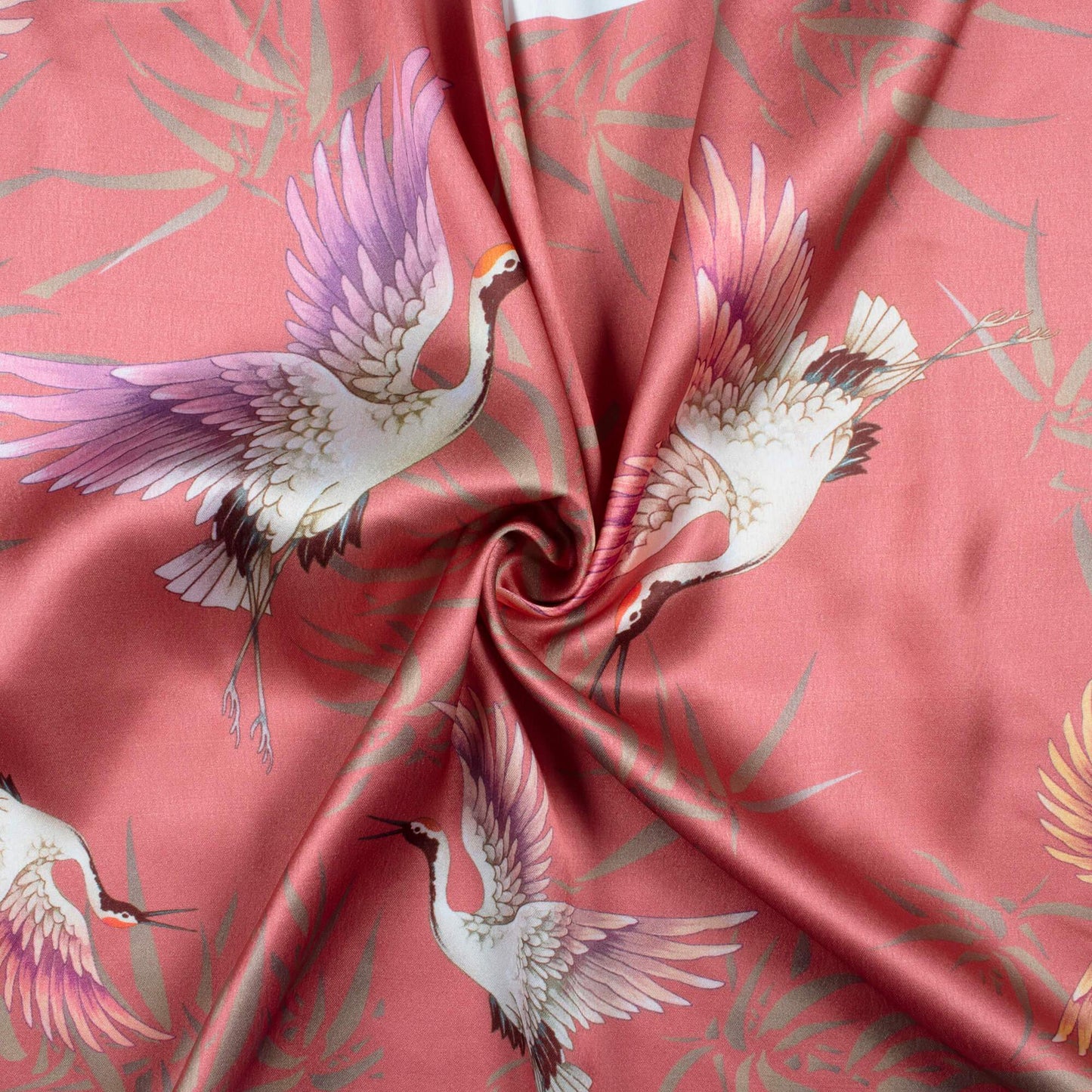 (Cut Piece 1 Mtr) Blush Red And Ivory Cream  Bird Pattern Digital Print Japan Satin Fabric