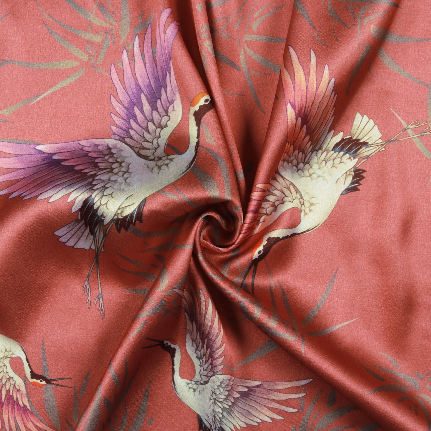 Blush Red And Ivory Cream  Bird Pattern Digital Print Japan Satin Fabric