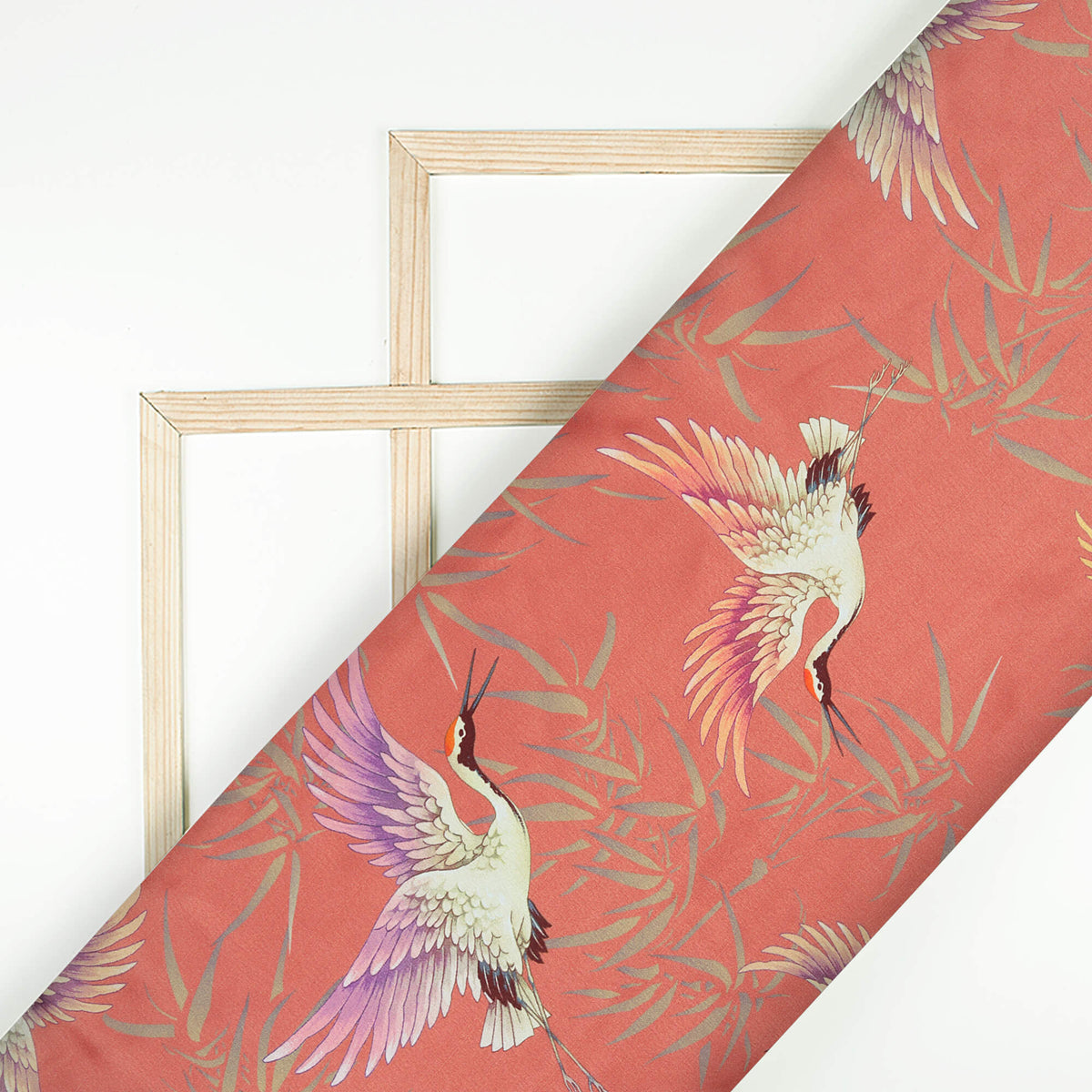 Blush Red And Ivory Cream  Bird Pattern Digital Print Japan Satin Fabric