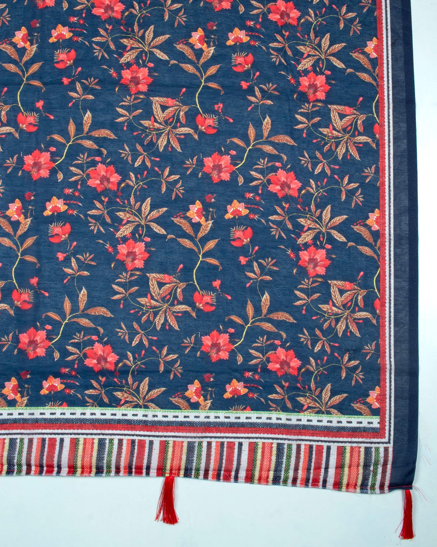 Navy Blue And Punch Pink Floral Pattern Digital Print Poly Voile Dupatta With Tassels