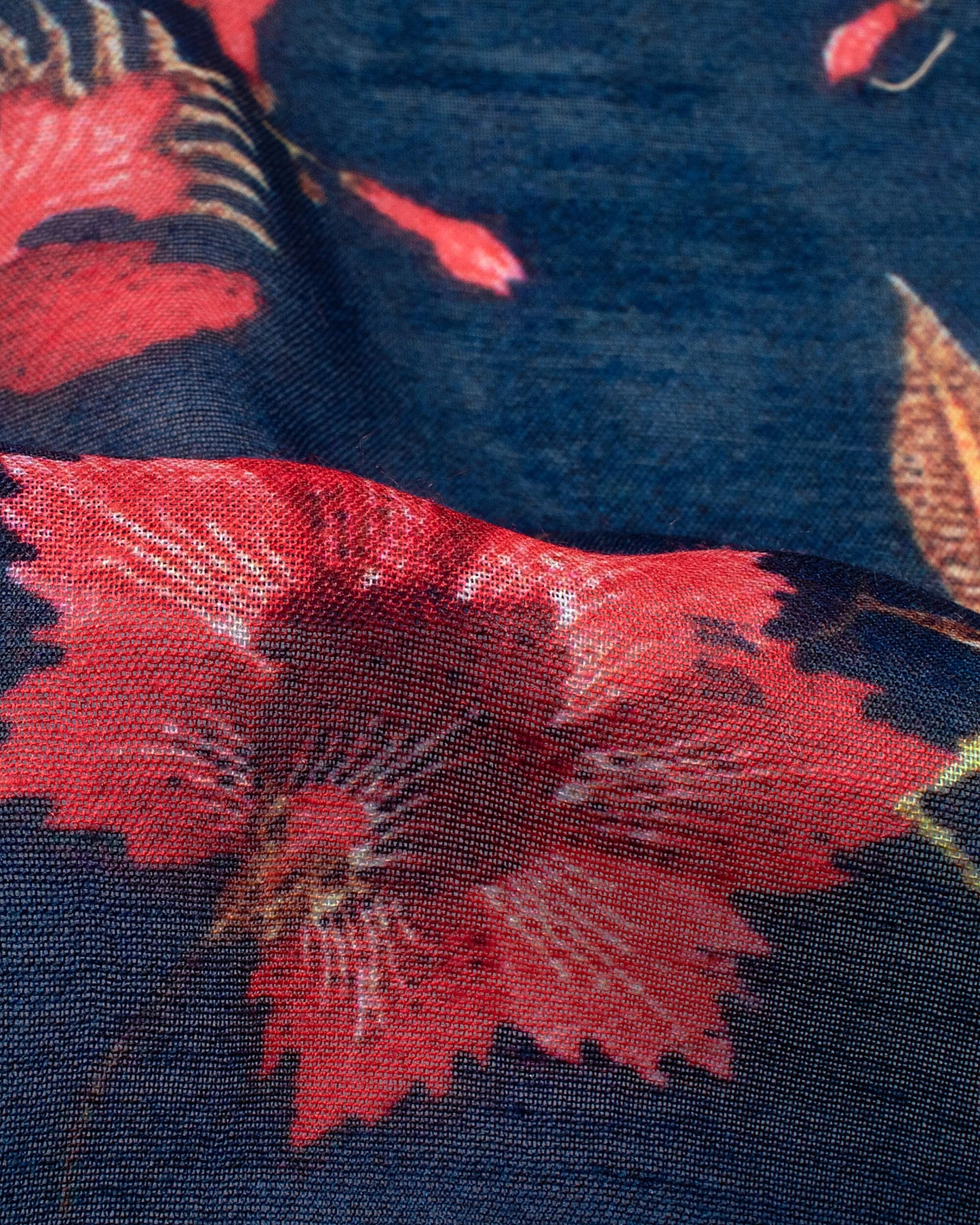 Navy Blue And Punch Pink Floral Pattern Digital Print Poly Voile Dupatta With Tassels