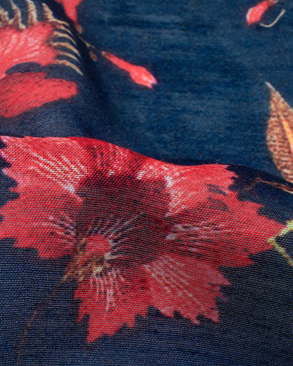 Navy Blue And Punch Pink Floral Pattern Digital Print Poly Voile Dupatta With Tassels