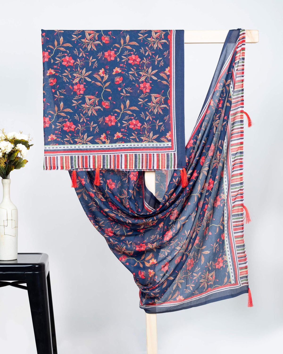 Navy Blue And Punch Pink Floral Pattern Digital Print Poly Voile Dupatta With Tassels
