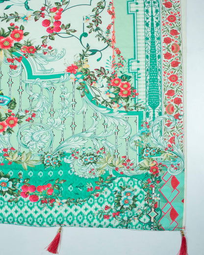 White And Punch Pink Floral Pattern Digital Print Poly Voile Dupatta With Tassels