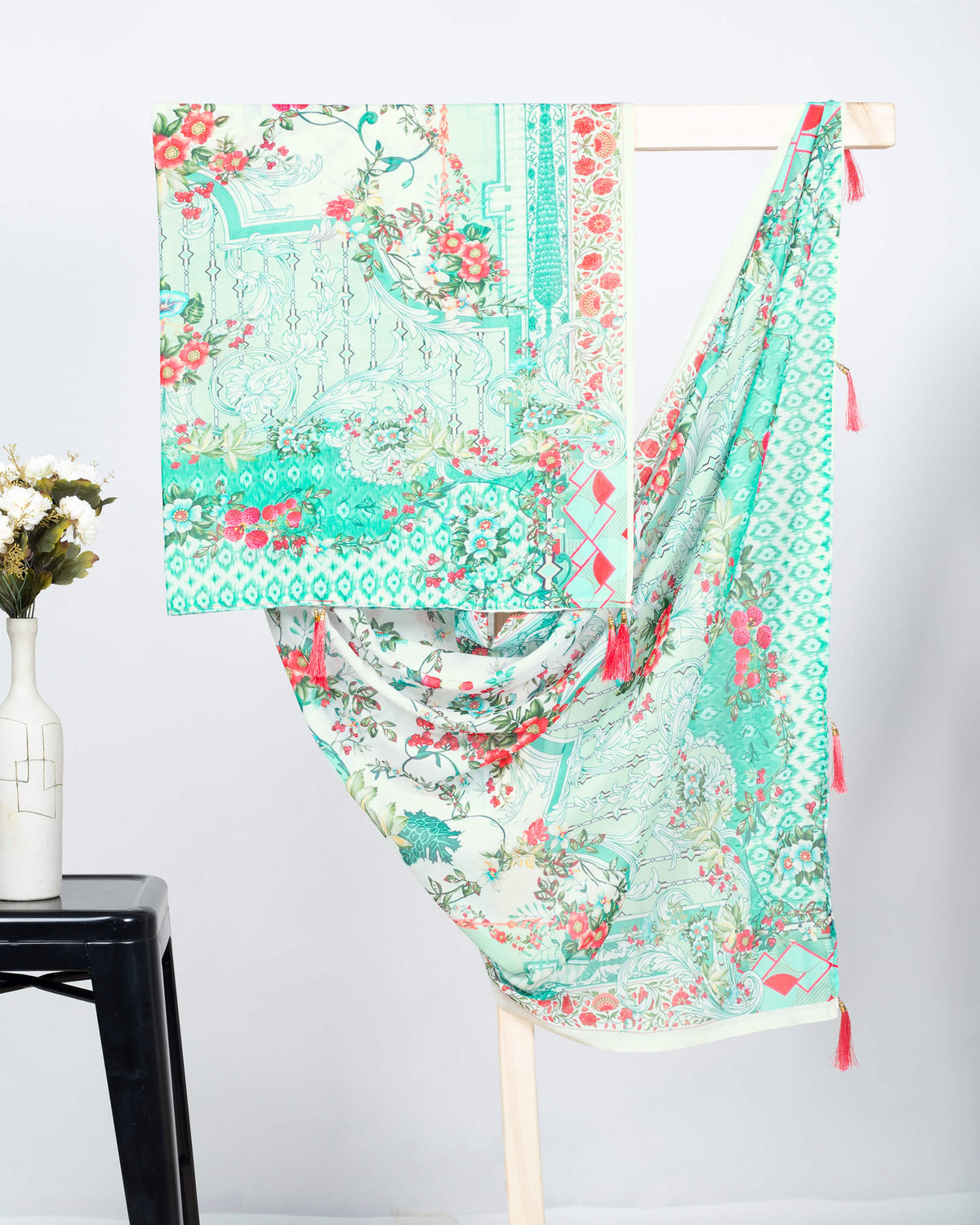 White And Punch Pink Floral Pattern Digital Print Poly Voile Dupatta With Tassels