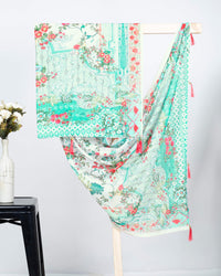 White And Punch Pink Floral Pattern Digital Print Poly Voile Dupatta With Tassels