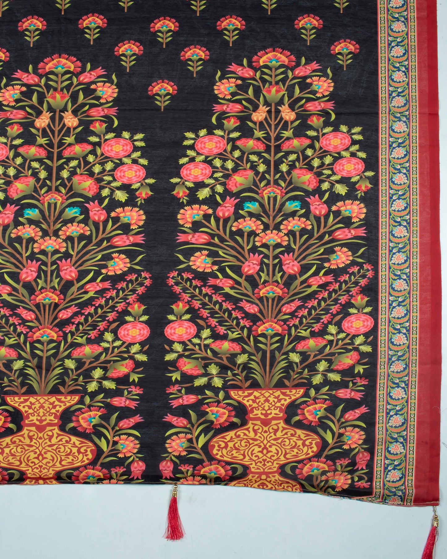 Black And Pink Floral Pattern Digital Print Poly Voile Dupatta With Tassels