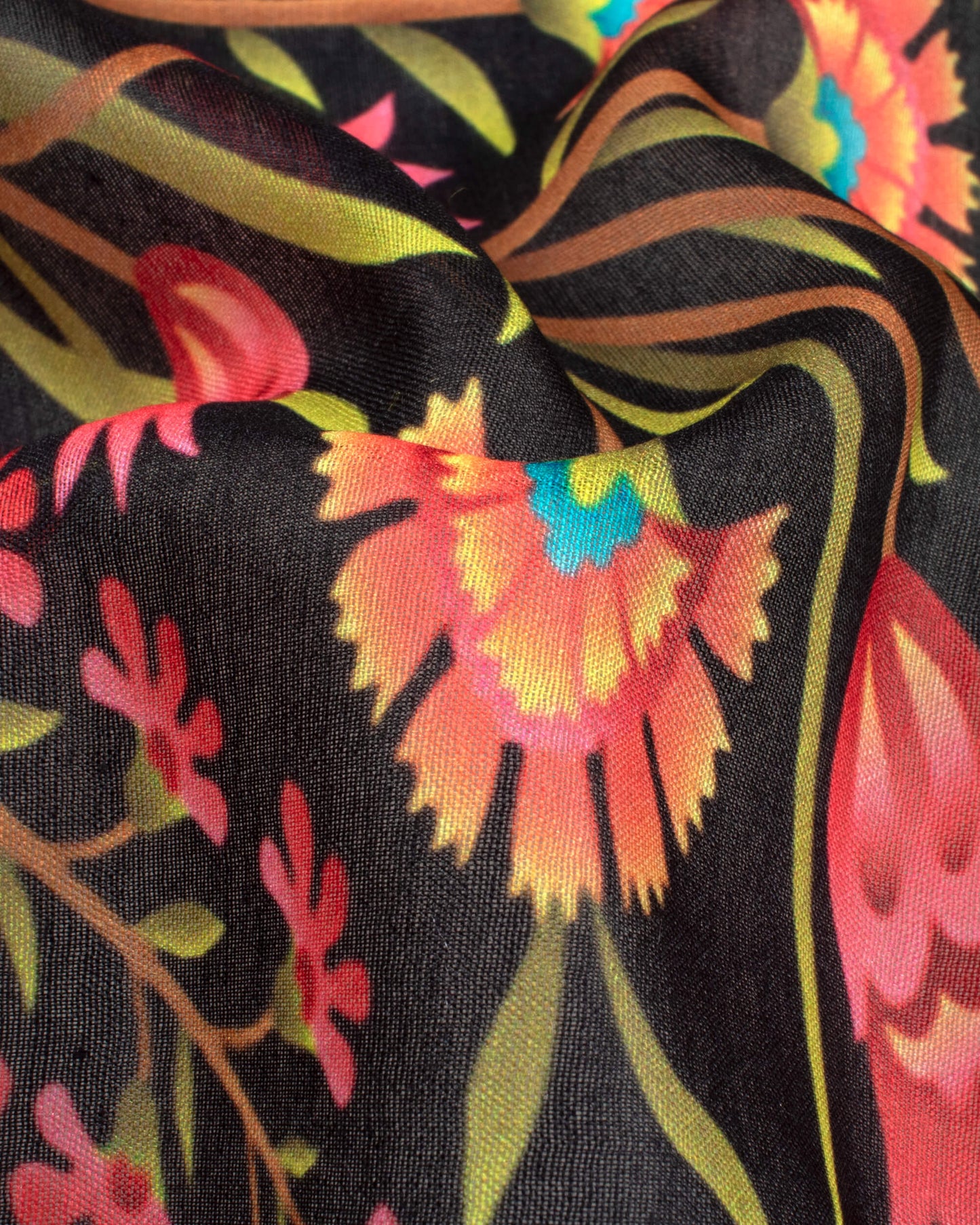 Black And Pink Floral Pattern Digital Print Poly Voile Dupatta With Tassels