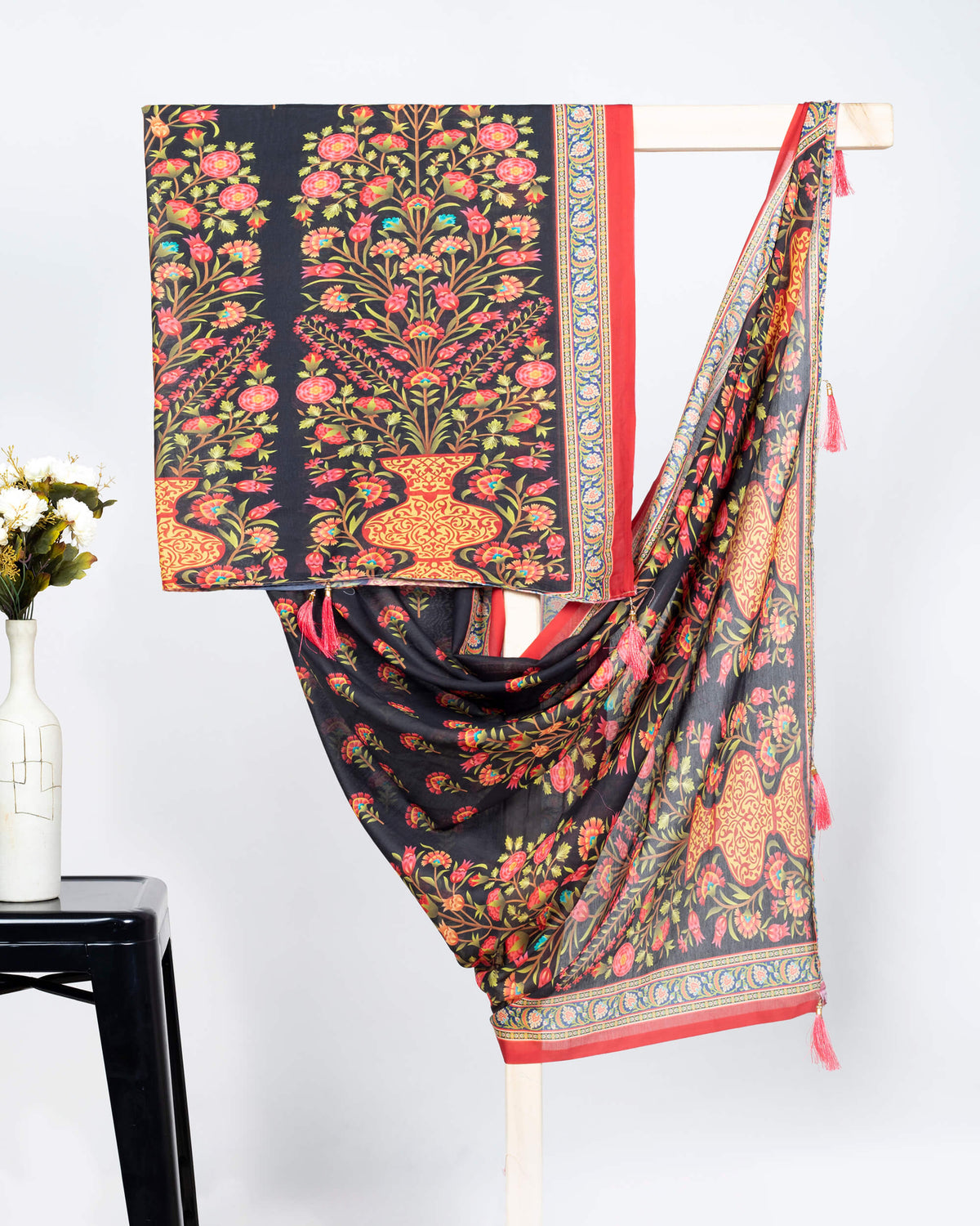 Black And Pink Floral Pattern Digital Print Poly Voile Dupatta With Tassels