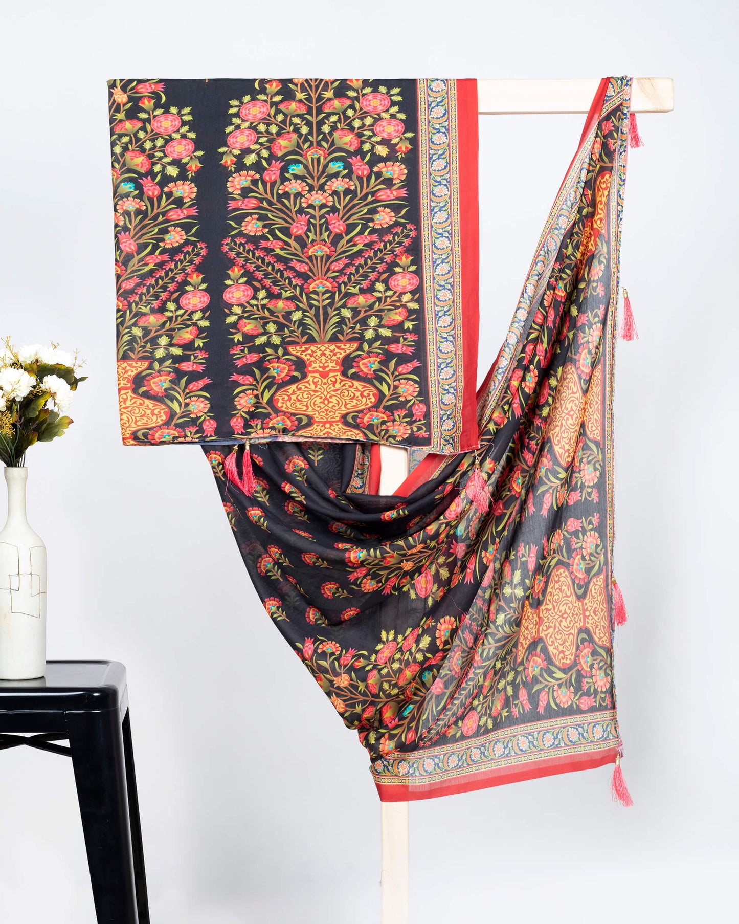 Black And Pink Floral Pattern Digital Print Poly Voile Dupatta With Tassels