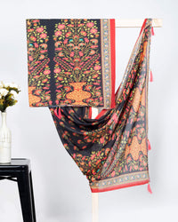 Black And Pink Floral Pattern Digital Print Poly Voile Dupatta With Tassels