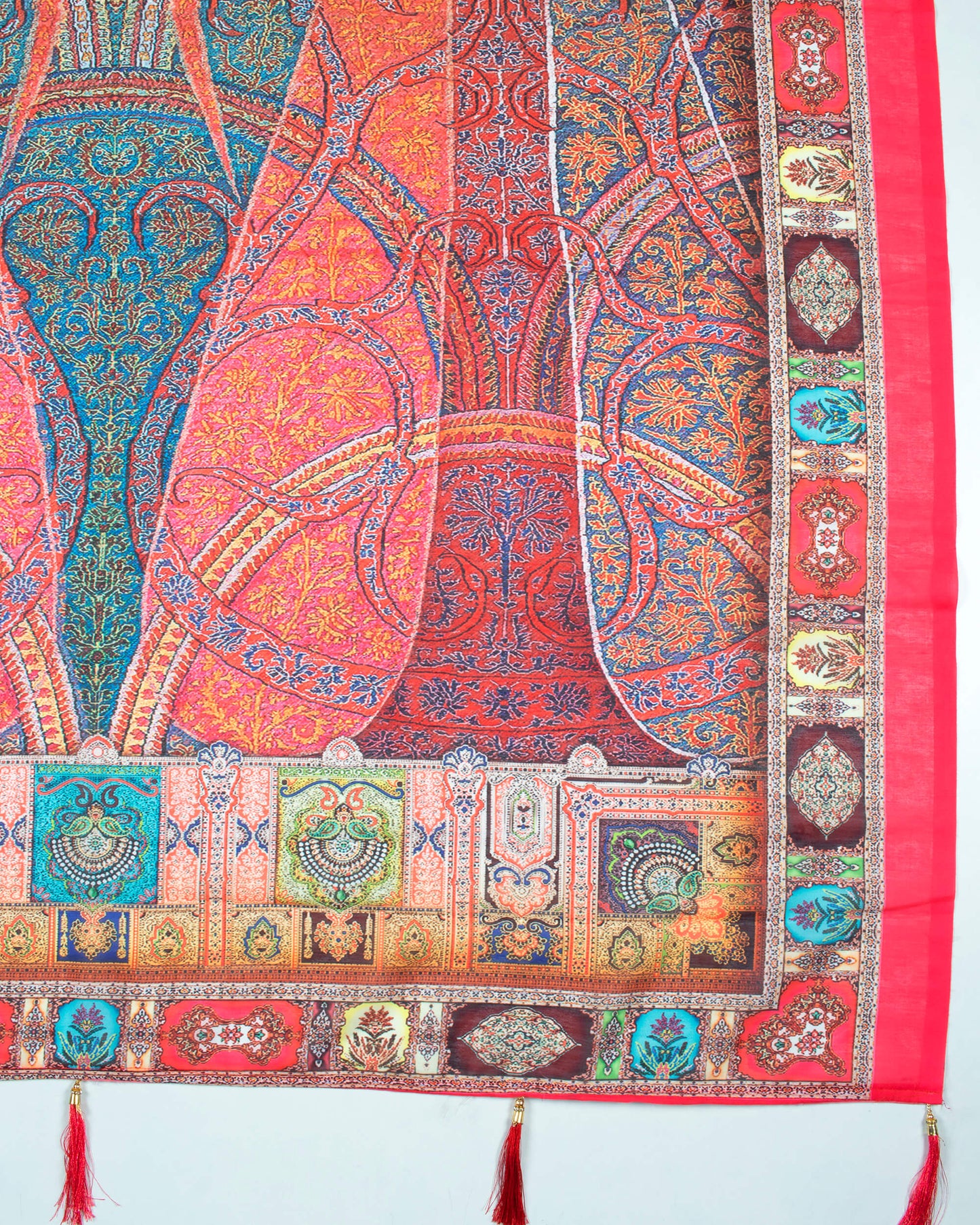 Brick Pink And Maroon Ethnic Pattern Digital Print Poly Voile Dupatta With Tassels