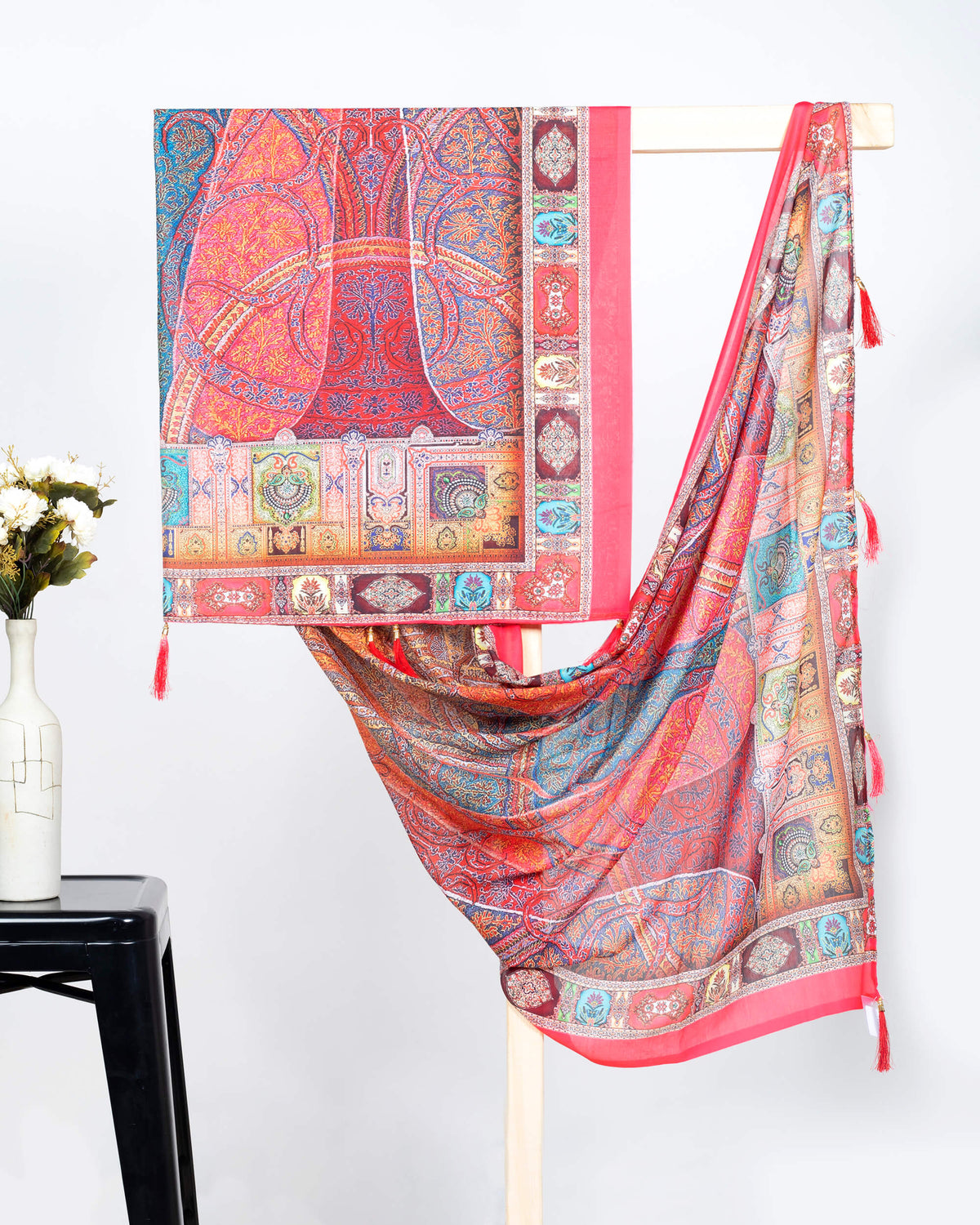 Brick Pink And Maroon Ethnic Pattern Digital Print Poly Voile Dupatta With Tassels